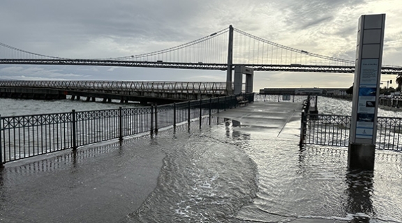 king tide flooding an urban shoreline